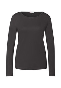 Camisa negra de manga larga hecha de tela suave, con cuello redondo y forma ajustada. Sin patrones visibles ni adornos.