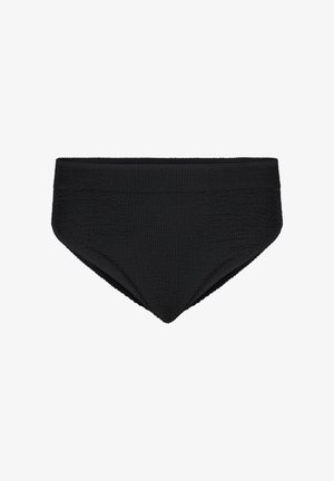 Sort højhåret bikiniunderdel med struktureret stof, der har en glat talje og en vinklet skæring ved benåbningerne for en sikker pasform.