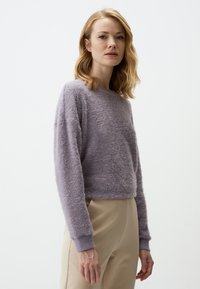Lila donzige trui met een ronde halslijn en lange mouwen, met ribgebreide zoom en boorden. Gecombineerd met beige broeken.