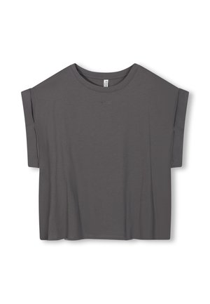 T-shirt grigio a maniche corte, vestibilità rilassata, scollo rotondo, texture morbida. Presenta un logo discreto sul petto e maniche arrotolate.