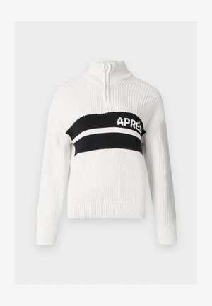 Pull en tricot blanc avec un col montant, comportant une bande horizontale noire avec le texte "APRES" en blanc, et des poignets et un bas côtelés.