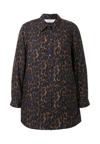 Camicia a maniche lunghe con bottoni di colore blu scuro con stampa leopardata marrone. Presenta due tasche sul petto e un colletto classico. Tessuto morbido.