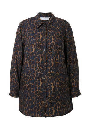 Langarm overhemd in donkerblauw met een bruin luipaardpatroon. Heeft twee borstzakken en een klassieke kraag. Zachte stoftextuur.