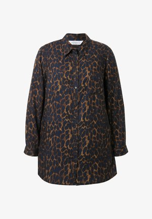 Langarm-Hemd mit Knöpfen in Dunkelblau mit einem braunen Leopardenmuster. Verfügt über zwei Brusttaschen und einen klassischen Kragen. Weiche Stofftextur.