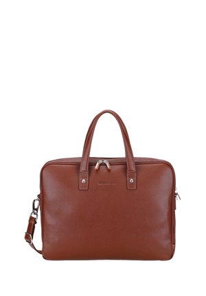 Malette en cuir marron avec double poignées, bandoulière amovible et fermeture éclair supérieure.