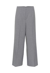 Lichtgrijze wijd-uitlopende broeken gemaakt van een gestructureerde stof met een gladde afwerking. Heeft een hoge taille en voorplooien voor extra detail.