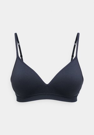 Tumed sinine bralette, millel on sile tekstuur, kolmnurksed klaasid, reguleeritavad rihmad ja lai alusvöö. Lihtne disain ilma kaunistusteta.