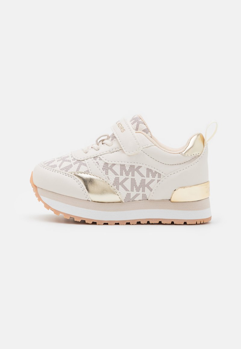 White sneaker with textile and synthetic leather upper, featuring a gold metallic accent, subtle monogram pattern, and a textured rubber outsole.