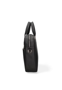 Zwarte leren tas met een gestroomlijnd ontwerp, voorzien van een bovenrits, dubbele handvaten en een metalen accentdetail aan de zijkant.