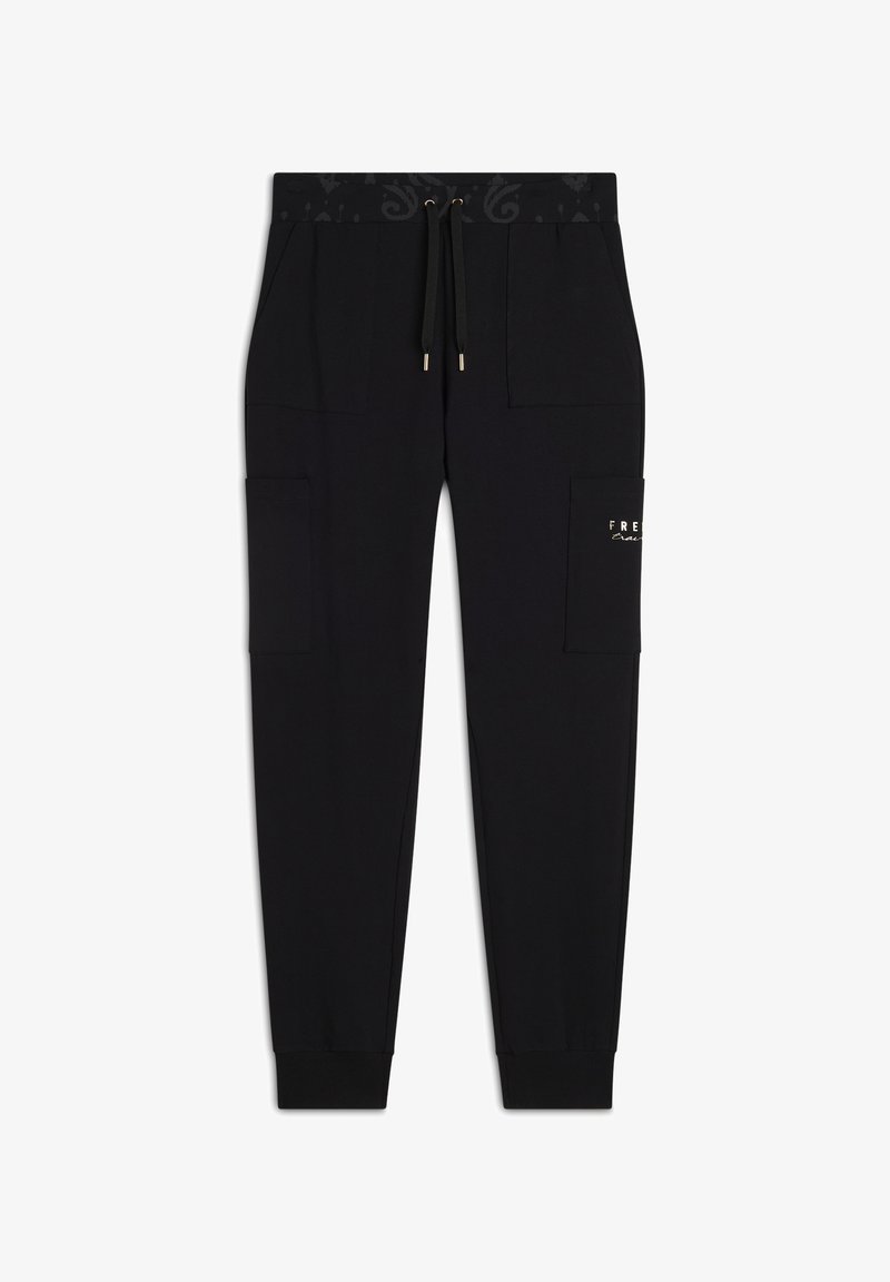 Pantaloni da jogging neri in un tessuto liscio, con vita elastica, cordino e tasche laterali. Presentano un dettaglio con logo sulla coscia.