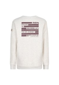 Felpa grigia chiara con una texture morbida, collo a giro, polsini a coste e un design stampato con testo sul retro in bordeaux scuro.