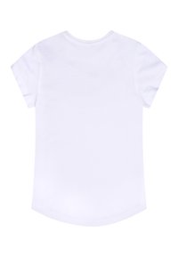 T-shirt bianco in cotone con maniche corte, scollatura rotonda e orlo curvo. Tessuto liscio, senza motivi o decorazioni.