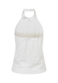 Haut blanc sans manches en dentelle avec motif floral et fermeture au dos du cou par bouton à œillet.
