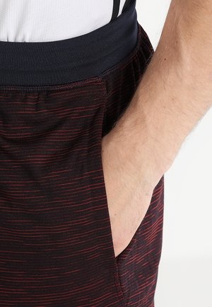 Männliche Hand ruht in der Tasche einer schwarz-rot gestreiften Hose mit einem schwarzen Bund, trägt ein weißes Hemd, das eingesteckt ist.