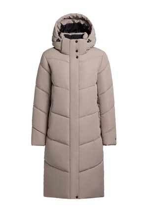 Długi, puchowy płaszcz z kapturem w jasnym beżu. Wykonany z gładkiego, izolowanego materiału o pikowanej strukturze i zapięciu na napy.