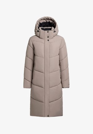 Long, hooded puffer coat in light beige. Made from a smooth, insulated fabric with a quilted pattern and snap button closure.