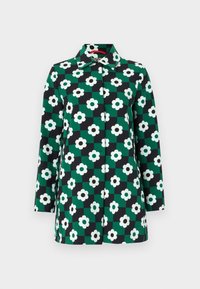 Cappotto con motivo floreale in una combinazione di colori verde, nero e bianco; presenta un colletto e maniche lunghe; tessuto dalla superficie liscia.