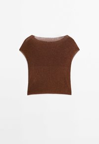 Ruskea ribbikuvioitu neulepaita, jossa on leveä kaula-aukko ja lyhyet hihat. Paita on kevyt ja tekstuuriltaan mielenkiintoinen, suunniteltu rentoon istuvuuteen.