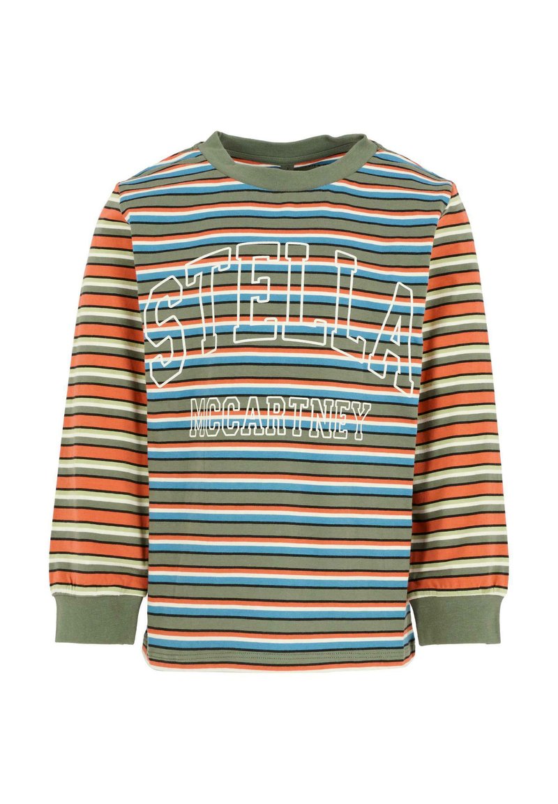 Maglietta a maniche lunghe per bambini con strisce orizzontali in verde, arancione, blu e nero, con il testo "STELLA MCCARTNEY" sul davanti.