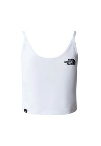 Débardeur court blanc avec fines bretelles et logo noir The North Face sur le côté supérieur gauche.