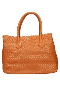 Borsa tote in pelle intrecciata, colore arancione, forma rettangolare, due manici, fondo piatto, superficie strutturata, dettaglio a motivo romboidale.