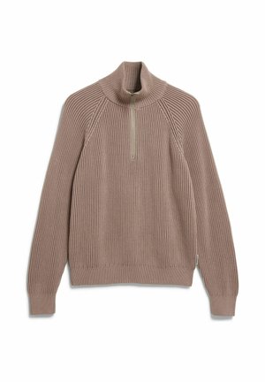Ribbed beige sweater with a high collar and quarter zip. Features long sleeves and a fitted bottom hem, made of textured knit material.
