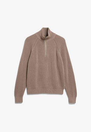 Beiger, gerippter Pullover mit hohem Kragen und Viertelreißverschluss. Verfügt über lange Ärmel und einen taillierten unteren Saum, hergestellt aus strukturiertem Strickmaterial.