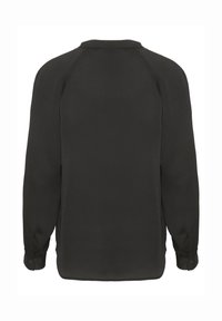 Long-sleeve black blouse with a rounded collar, raglan sleeves, and buttoned cuffs shown from the back on a white background.