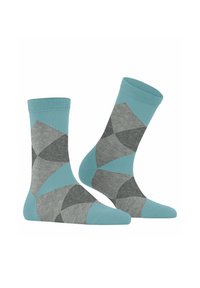 Chaussettes en coton bleues et grises avec un motif géométrique, alternant textures lisses et chinées, conçues en longueur mi-mollet.