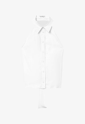 Blusa bianca di tipo halter neck, con colletto classico, chiusura a bottoni e un dettaglio unico sulla schiena allungato. Realizzata in morbido tessuto di cotone.