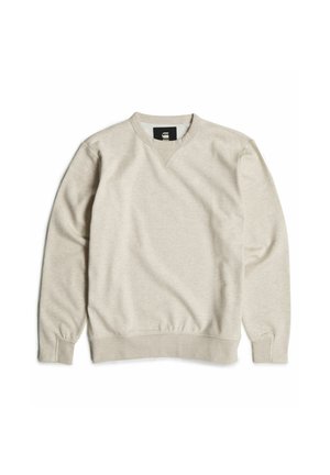 Light gray sweatshirt made of cotton blend. Features a crew neck, ribbed cuffs, and a slightly textured finish. Simple design with no patterns.