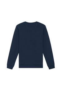 Marineblauwe sweatshirt met lange mouwen, ronde halslijn, ribgebreide manchetten en zoom. Gemaakt van zacht materiaal met een gladde textuur. Geen patronen of accenten.