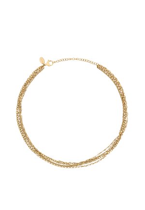 Złoty wielowarstwowy naszyjnik z łańcuchowymi ogniwami o delikatnej teksturze, z zapięciem na karabińczyk. Długość wynosi około 40 cm.