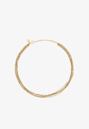 Złoty wielowarstwowy naszyjnik z łańcuchowymi ogniwami o delikatnej teksturze, z zapięciem na karabińczyk. Długość wynosi około 40 cm.