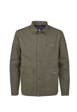 Grüne Canvas-Jacke mit Knopfleiste, zwei großen aufgesetzten Taschen und einer kleinen Brusttasche; verfügt über einen klassischen Kragen und silberne Knöpfe.
