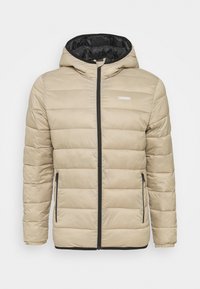 Beżowa kurtka puchowa z kapturem, pikowany wzór, czarna podszewka, przedni zamek błyskawiczny oraz dwie boczne kieszenie z czarnymi akcentami.