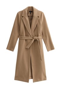 Cappotto in misto lana color beige con colletto a rever, maniche lunghe, cintura a fiocco in vita e silhouette dritta. Tessuto liscio, senza fantasie.
