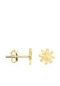 Orecchini a forma di stud color oro con un design a raggi di sole. Presentano una superficie texturizzata e lucida e una chiusura posteriore sicura.