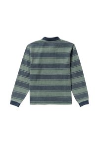 Langärmliges Hemd in grün-blauen Streifen, mit Rundhalsausschnitt, weichem Stoff und gerippten Bündchen; unifarbenes Rückenlayout.