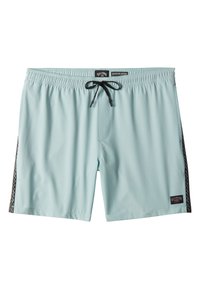 Maillots de bain bleu clair en tissu lisse, avec un cordon de serrage noir, une taille élastique et des accents en motifs sur les côtés.