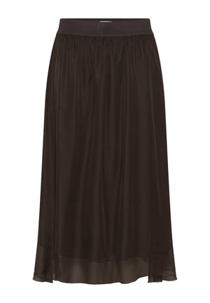 Fekete, térdig érő szoknya sima, áramló textúrával. Rugalmas derékpánt és réteges kialakítás áttetsző, könnyű szövet borítással.