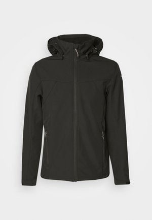 Schwarze Softshell-Jacke mit Reißverschluss vorne, verstellbarem Kapuze, zwei Seitentaschen und einer glatten, wasserabweisenden Textur.