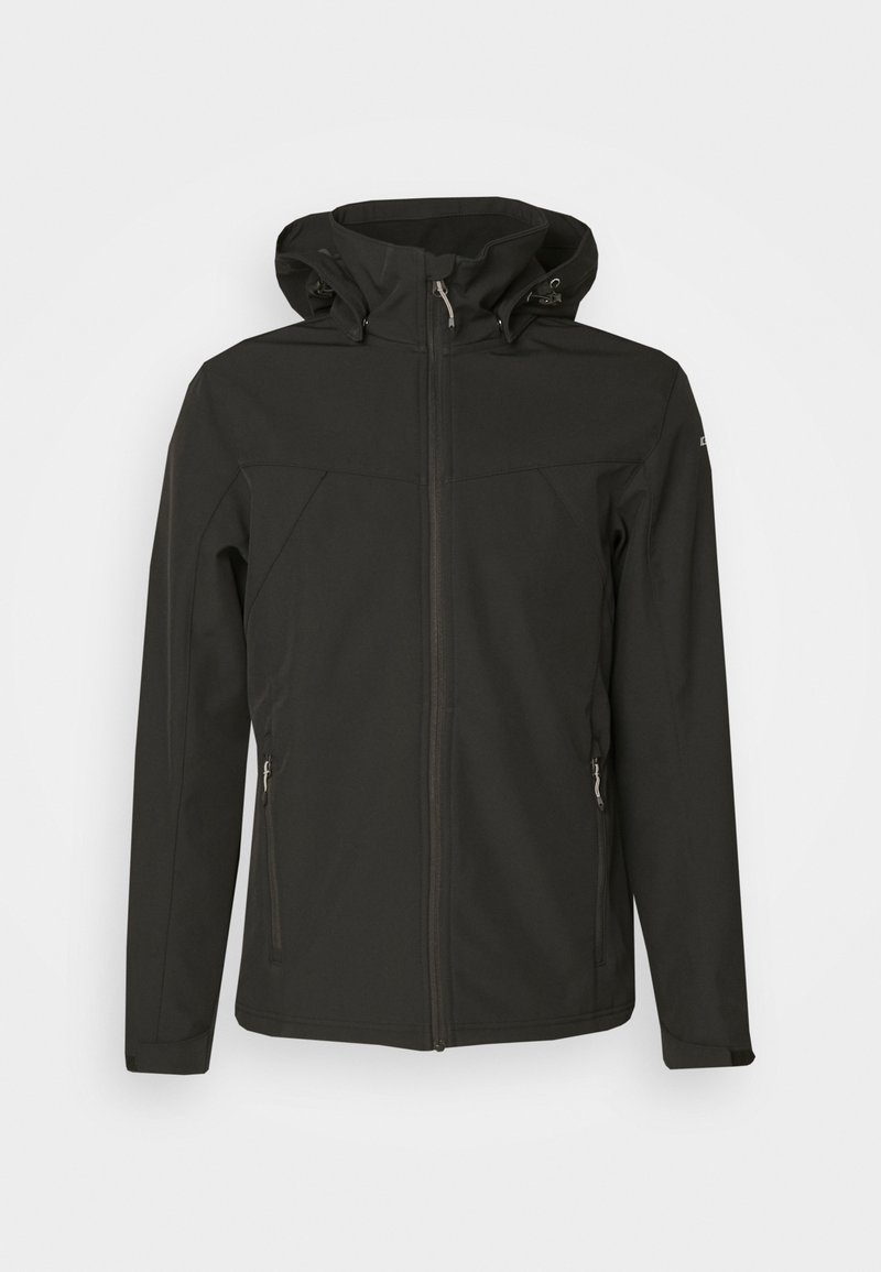 Chaqueta softshell negra con cremallera frontal, capucha ajustable, dos bolsillos laterales y una textura suave y resistente al agua.