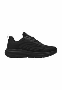 Black athletic shoes with a mesh upper, textured side accents, and a cushioned sole. Features laces and a pull tab at the heel.