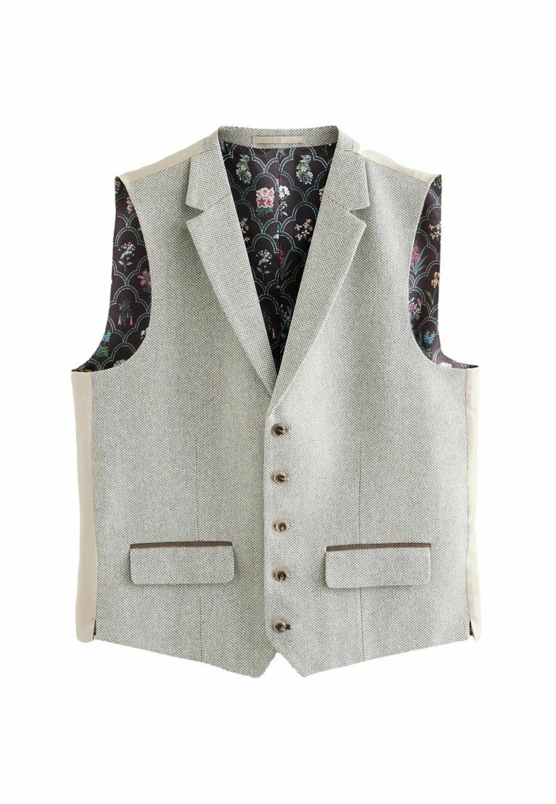 Hellgraue Tweedweste mit strukturiertem Finish, ausgestattet mit einem blumengemusterten Innenfutter, fünf braunen Knopfverschlüssen und zwei vorderen Taschen.