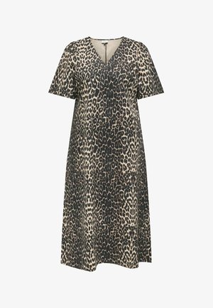 Abito leopardato realizzato in tessuto leggero, con scollatura a V, maniche corte e una forma A-line ampia, prevalentemente beige e nero.