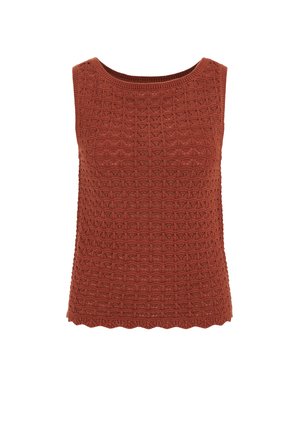 Bezruký pletený top barvy rzi s texturovaným geometrickým vzorem a vroubkovaným lemem, s kulatým výstřihem.