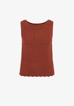 Bezruký pletený top barvy rzi s texturovaným geometrickým vzorem a vroubkovaným lemem, s kulatým výstřihem.