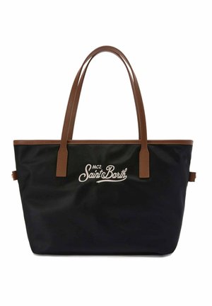 Borsa tote nera con manici e rifiniture in pelle marrone, con logo ricamato bianco "MC2 Saint Barth" sul davanti.