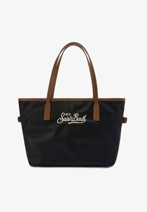 Borsa tote nera con manici e rifiniture in pelle marrone, con logo ricamato bianco "MC2 Saint Barth" sul davanti.